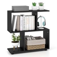 Costway - 2-Tier Bookshelf Free Standing Wooden Display S-Shaped Shelf Storage Rack - Black
