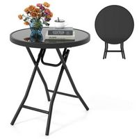 Costway 18" Folding Side Table Round Compact Coffee Table with Tempered Glass Tabletop - Black