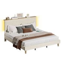 Bestier - King Size Upholstered Platform Bed Frame with LED Lighting and Adjustable Storage Headb...