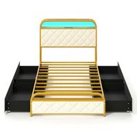 Costway Twin Size Bed Frame with LED Lights & Charging Station Storage Headboard & Drawers - Gold...