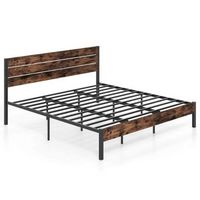 Costway King Bed Frame with Tall Industrial Headboard Heavy-Duty Metal Slats Support - Brown