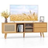 Costway - Bamboo TV Stand Console Table with PE Rattan  Door & 2 Drawers for TV up to 65'' Natura...
