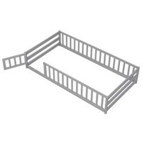 Costway Twin Size Floor Bed with Door & Fence with Safety Guardrails & Slats Support - Gray