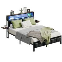 Bestier - Queen Size Bed Frame with Upholstered Headboard Integrated Storage LED Lighting, and Ch...