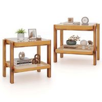 Costway 2 PCS End Table with Tempered Glass Top Acacia Wood Legs Rattan Storage Shelf - Brown