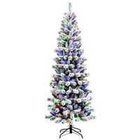 Costway - 7.5FT Pre-Lit Hinged Christmas Tree Snow Flocked w/9 Modes Remote Control Lights - Gree...