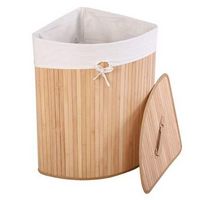 Costway - Corner Bamboo Hamper Laundry Basket Washing Cloth Bin Storage Bag Lid - Natural