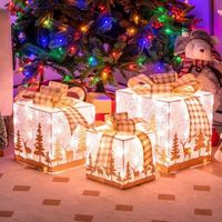 Costway - Set of 3 Pre-Lit Christmas Gift Boxes Lighted Present Decoration with 100 Lights - Gold...