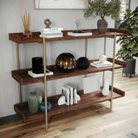 Martha Stewart - Emmett Display Bookcase with Vertical Steel Posts - Walnut Wood Grain/Polished B...