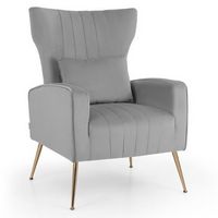 Costway - Velvet Upholstered Wingback Chair with Lumbar Pillow and Golden Metal Legs - Gray