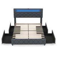 Costway Full Size Bed Frame with Led Lights & Charging Station & Modern Upholstered Bed - Gray