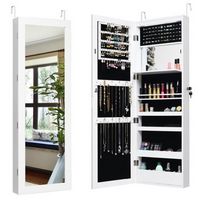 Costway - Wall Door Mounted Mirror Jewelry Cabinet Organizer LED Lights - White