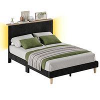 Bestier - Bed Frame Upholstered Platform Gaming Bed with LED Light & Adjustable Storage Headboard...