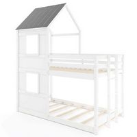 Costway House Bunk Bed Twin Over Twin with Built in Ladder Window & Safety Guardrail - White