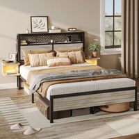 Bestier Full Bed Frame Golden Stripe Headboard LED Nightstands Metal Platform with Charging Stati...