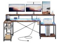 Bestier - L-Shaped Gaming Desk with Power Outlets, LED Lighting and Monitor Stand - Brown