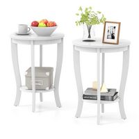 Costway 2 PCS 2-Tier End Table 18'' Round Compact Sofa Side Nightstand with Storage Shelf - White - Large Front