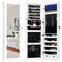 Costway - Wall Mounted Mirrored Jewelry Cabinet Organizer w/LED Lights - White - Large Front