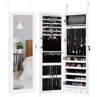 Costway - Wall Door Mounted Mirror Jewelry Cabinet Organizer w/LED Light - White - Large Front
