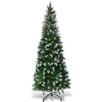 Costway - 6ft Snow Flocked Unlit Pencil Christmas Tree Hinged Pine Cones - Green/White - Large Front