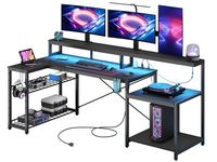Bestier 71inch L-Shaped LED Gaming Desk with Power Outlet Computer Desk - Black Carbon Fiber - Large Front