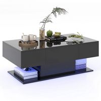 Costway LED Coffee Table with 2 Drawers 20-Color Dimmable LED Lights & Remote Control - Black - Large Front