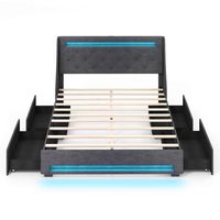 Costway Queen Size Bed Frame with LED Lights & Charging Station Upholstered Platform Bed - Gray - Large Front