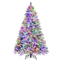 Costway - 7 FT Pre-Lit Snow Flocked Christmas Tree Hinged Xmas Tree with 8 Modes 320 Lights - Gre... - Large Front