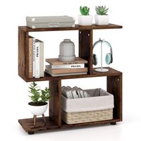 Costway - 2-Tier Bookshelf Free Standing Wooden Display S-Shaped Shelf Storage Rack - Brown - Large Front