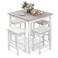 Costway 5 PCS Bar Table Set Square Dining Table & 4 PVC Leather Upholstered Bar Stools - White - Large Front