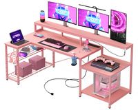 Bestier - L-Shaped Gaming Desk with Power Outlets, LED Lighting and Monitor Stand - Pink - Large Front