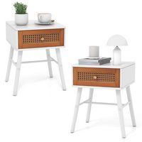 Costway 2 PCS Nightstand with Storage Drawer Rattan Decoration Solid Wood Legs for Bedroom - Whit... - Large Front