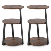 Costway 2 PCS 3-Tier Round Side Table with Metal Frame & Adjustable Foot Pads Nightstand - Rustic... - Large Front