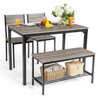 Costway 4pcs Dining Table Set Rustic Desk 2 Chairs & Bench w/ Storage Rack - Grey - Large Front