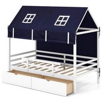 Costway Twin House Bed Solid Wood Playhouse Bed Low Loft Bed with Tent 2 Storage Drawers - White - Large Front