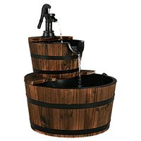 Costway 2 Tier Barrel Waterfall Fountain Barrel Wooden Water Fountain Pump Outdoor Garde - Brown - Large Front