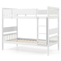 Costway Twin Over Twin Bunk Bed Solid Wood Bed Frame with Ladder Full-length Guardrails - White - Large Front