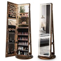 Costway - 360° Swivel Jewelry Cabinet Organizer 3-Color LED Mirror with Built-in Lights - Coffee - Large Front