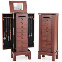 Costway - Wood Jewelry Cabinet Armoire Storage Box Chest Stand Organizer Indoor Bedroom - Brown - Large Front