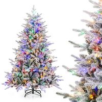 Costway - 6 FT Flocked Christmas Tree with 8 Lighting Modes 260 Multi-Color LED Lights - Green/White - Large Front