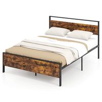 Costway Queen Size Bed Frame with Wooden Headboard and Footboard Under-Bed Storage - Brown - Large Front