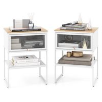 Costway 2 PCS Home Nightstand 3-Tier Storage Table with Open Shelf Heavy-duty Metal Frame - White - Large Front