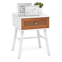Costway 1 PCS Nightstand with Storage Drawer Rattan Decoration Solid Wood Legs for Bedroom - Whit... - Large Front