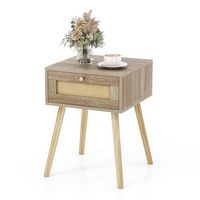 Costway - Nightstand Bedside End Sofa Table with Rattan Drawer for Bedroom & Living Room - Natural - Large Front