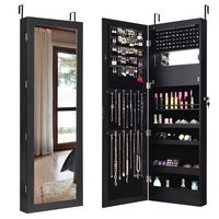 Costway - Wall Door Mounted Mirror Jewelry Cabinet Organizer w/LED Lights - Black - Large Front