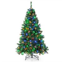 Costway - 6FT Pre-Lit Hinged Christmas Tree w/ 260 Multi-Color Lights & 3-Minute Quick Shape No F... - Large Front