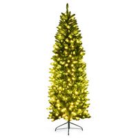 Costway - 7Ft Pre-lit Artificial Pencil Christmas Tree Hinged Fir PVC Tree /350 LED Lights - Green - Large Front