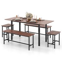 Costway 5 PCS Dining Table Set for 4-6 w/ 2 Benches & 2 Stools Metal Frame Dining Room - Walnut - Large Front