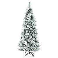 Costway - 6ft Snow Flocked Christmas Pencil Tree w/ Berries & Poinsettia Flowers - Green/White - Large Front