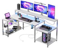 Bestier - L-Shaped Gaming Desk with Power Outlets, LED Lighting and Monitor Stand - White - Large Front